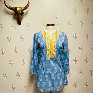 McLaughlin Blue Yellow Paisley Pullover Tunic 3/4 Sleeve Top Size Medium